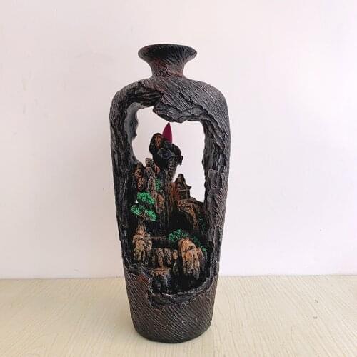 Large Vase Shape Backflow Incense Burner Resin Incense Holder Feng Shui Landscape Smoke Waterfall Decor Desktop Censer Ornament