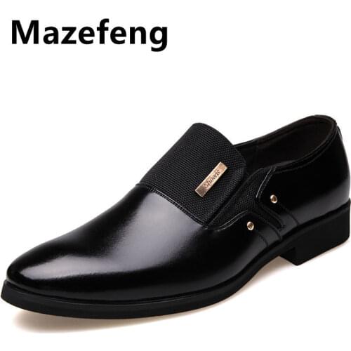 Mazefeng 2020 Fashion Slip on Leather Pointed Toe Men Dress Shoes Business Wedding Oxfords Formal Shoes for Male Big Size 38-47