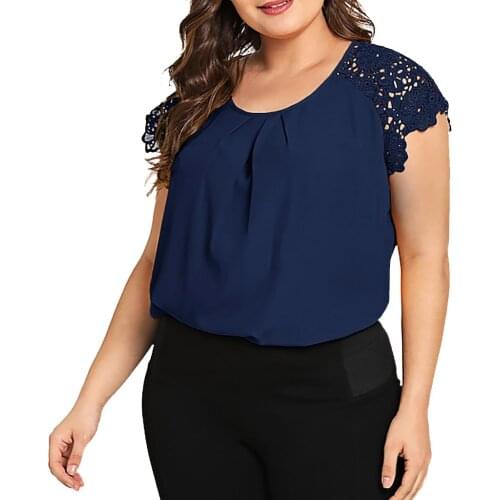 Fashion Womens Plus Size Clothes 2020 Summer Solid O-Neck Floral Lace Shoulder Tunic shirt Tops Blouse blusa feminina 2021