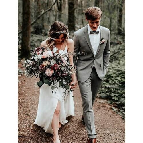 ANNIEBRITNEY Grey 2 Piece Slim Fit Men Formal Suit Tailor Made Groom Wedding Tuxedo 2 Piece Prom Wedding Business Men Suit Set