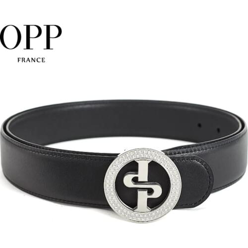 OPP Mens Belts Fashion Rhinestone Business Casual Belt Leather Metal Needle Round Silver Buckle Mens Black Belts