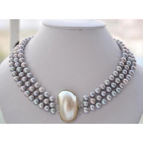 3row 17-19" 9mm GRAY ROUND FRESHWATER PEARL NECKLACE