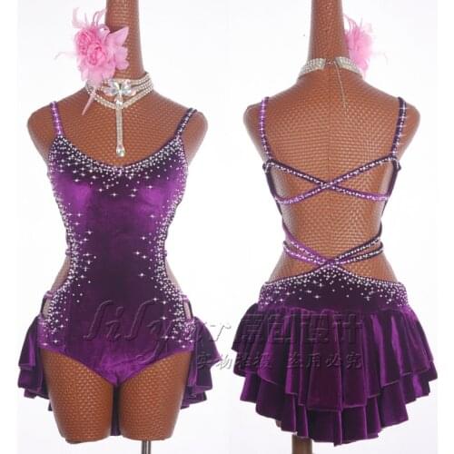 Latin Dance Dress Latin Skirt Salsa dancing Competition Dress Costumes Performing Steel Pipe Girl Purple Stretch Velvet Skirt 12