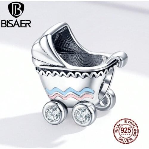 BISAER Baby Carriage Charms 925 Sterling Silver Baby Stroller Car Beads DIY Making Pendant Designer Charms For Bracelet ECC1539