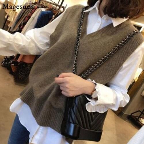 New V-Neck Pullover Women Sweater Vest Women Autumn Winter Knitted Sweater Vest Sleeveless Casual Warm Sweater Oversize 12229