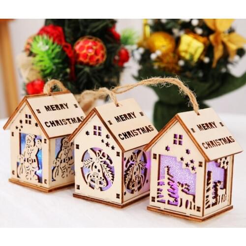 Christmas Pendant Drop Ornaments Wooden Table LED Light House with Battery Xmas Tree Decoration Christmas Presents for Kids Gift