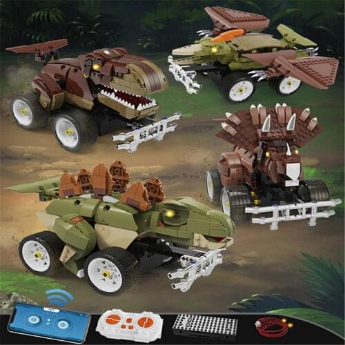 Assembled Dinosaur Toys Remote Control Dino Car Dual RC App Steam Programming Building Blocks Animal Model Kids Toys Boys Gifts