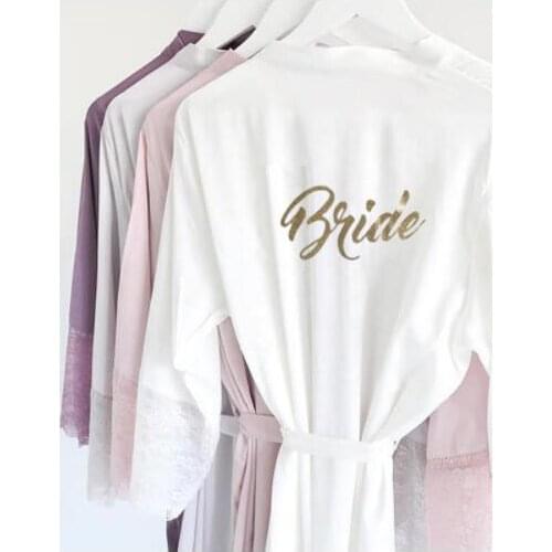R18 Sexy Satin Lace Trim Kimono Bridal Robes Gold Glitter Bride Bridesmaid Nightwear Nightgown dress Party Sleepwear for Women