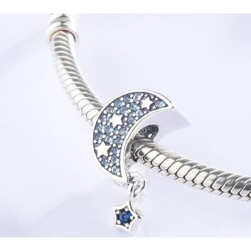 High Quality 925 Sterling Silver Blue CZ Zircon Moon Star Pendant Charm Bracelet DIY Jewelry Making For Original Pandora