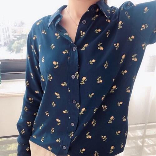100% Silk 2021 Spring and Autumn New Elegant Yellow Rose Print All-match Single-breasted Lapel Long-sleeved Shirt Women