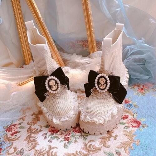 Womens Round Toe Bowknot Knit Platform Ankle Boots Chunky Heel Shoes Princess Lolita Girls Sweet DIY New 2022