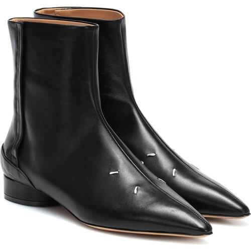 Women Ankle Boots Pointed Toe Chunky Thick Heels Leather Chelsea Boots Hook and Loop Closure Lady Round Heel Shoes Women