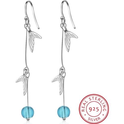 925 Sterling Silver Cubic Zirconia Fish Tail Long Drop Earrings For Women Creative Lady Fine Jewelry