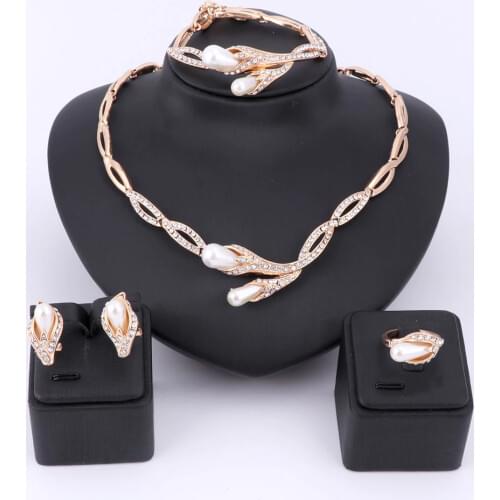 Pearl Beads Crystal Jewelry Sets For Women Fine Accessories Wedding Bridal Statement Necklace Bracelet Earrings Ring Jewelry Set