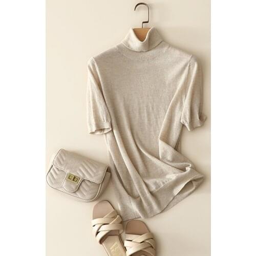Spring summer new styles 100% worsted cashmere turtleneck short sleeve sweaters for women knitted chic pullover
