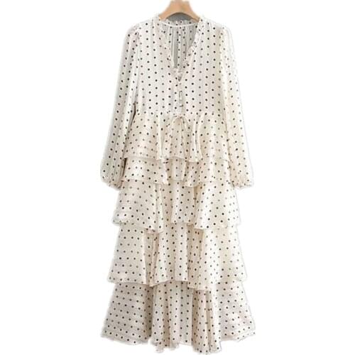 2019 Retro Sweet Dot Print Ruffled Long Dress Women Fashion V-neck Long Sleeve Womens Cake Dress Casual Vestidos Mujer