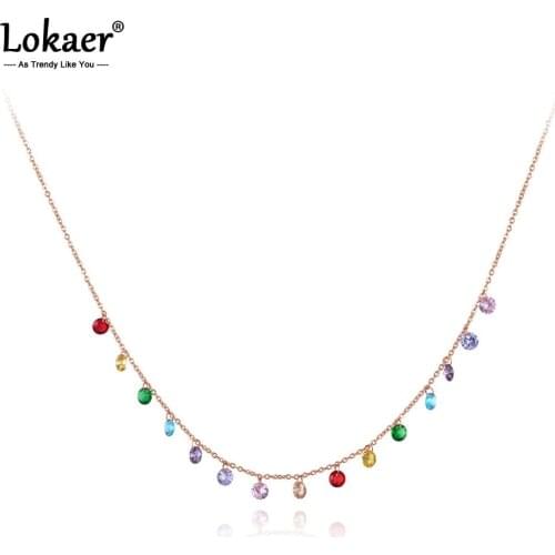 Lokaer Trendy Bohemia Stainless Steel Colorful CZ Crystal Choker Necklace Beach Jewelry Pendant Chain Necklace For Women N19125