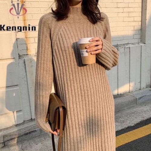 Match Coat French Style Women Sweater Dress Long Sleeve Knitted Autumn Winter Thick Pullovers Dress Turtleneck Warm Robe KE1870