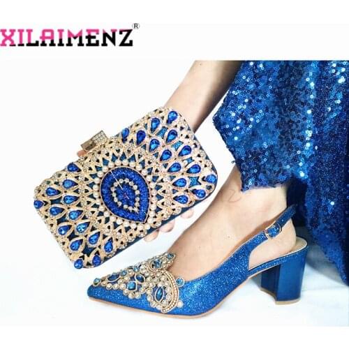 2020 New Design Italian Women Shoes and Bag Set in Royal Blue Color Nigerian Women Shoes Matching Bag for Wedding Party