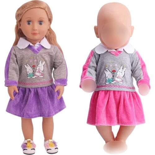 43 cm baby dolls dress newborn Rabbit print dress Baby toys Purple skirt fit American 18 inch Girls doll a13