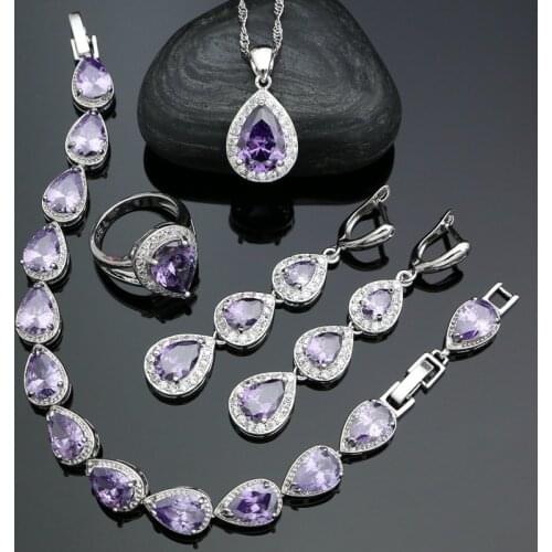 925 Silver Jewelry Sets For Women Purple Cubic Zirconia Crystal Ring Bracelet Pendant Necklace Long Earrings Women Jewelry Kits
