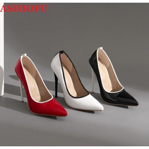 ASHIOFU Womens 12.5cm Super Heels Pumps Party Prom Office Dress Real-photos Large Size Three Colors Evening Fashion Court Shoes