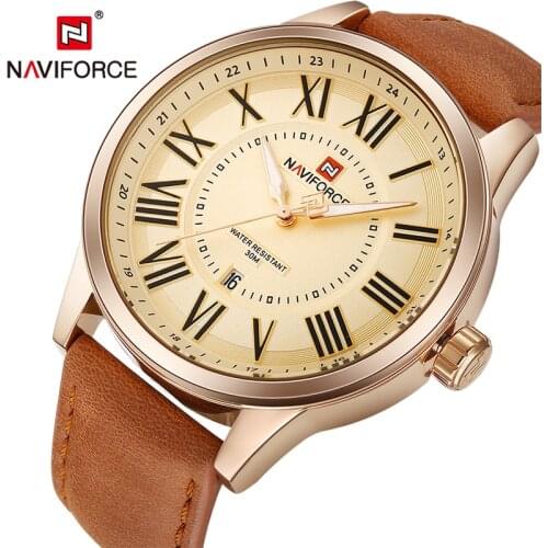 NAVIFORCE Brand Men Leather Gold Sports Watches Mens Fashion Roma Quartz Wrist Watch Male Date Analog Clock Relogio Masculino