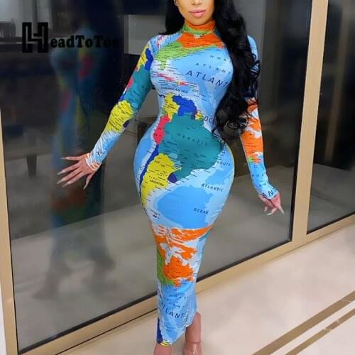 Colorblock Letter Print Fashion Streetwear Dresses for Women Full Sleeve High Neck Ankle Length Slim Dress Women