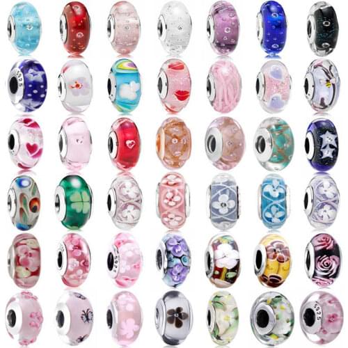 Diy Charms Starry Night Flower Garden Butterfly Heart Murano Glass 925 Sterling Silver Beads Fit Fashion Bracelet Jewelry