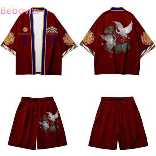 Chinese Style Traditional Crane Print Harajuku Kimono Shorts Sets Two-piece Suit Yukata Japanese Cardigan Women Men Cosplay Red