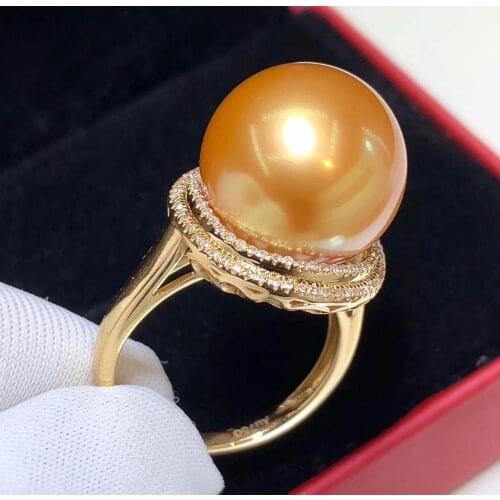 D318 Pearl Rings 13-14mm Diamonds Fine Jewelry 18K Gold Natural Ocean Golden Pearls Rings for Women Fine Pearls Rings