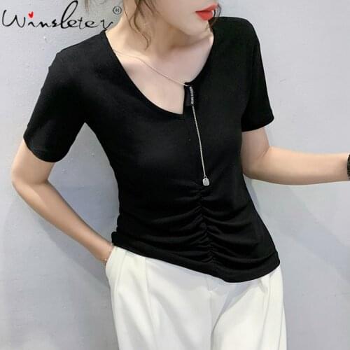 Summer European Clothes Solid T-Shirt Girl Fashion Sexy Hanging Drop Women Tops Short Sleeve Casual Tees All Match 2021 T14212A