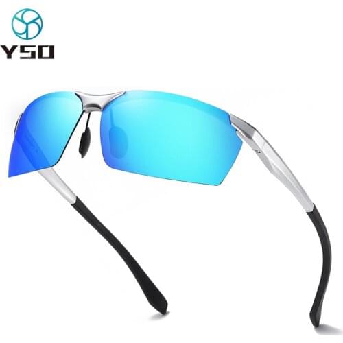 YSO Driving Polarized Sunglasses For Men Aluminium Frame UV400 Protection Glasses Tac Blue Lenses Men Rimless Sunglasses 8039