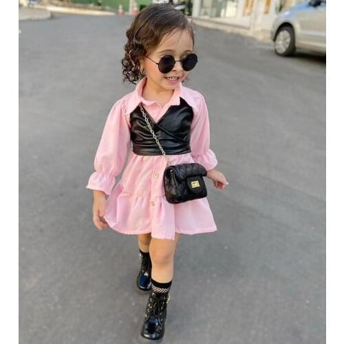 Little Girls Spring Fall Solid Color Clothes Set, Fashion Long Sleeve Lapel Neck Shirt Dress with Ruffles+PU Leather Vest,18M-6Y