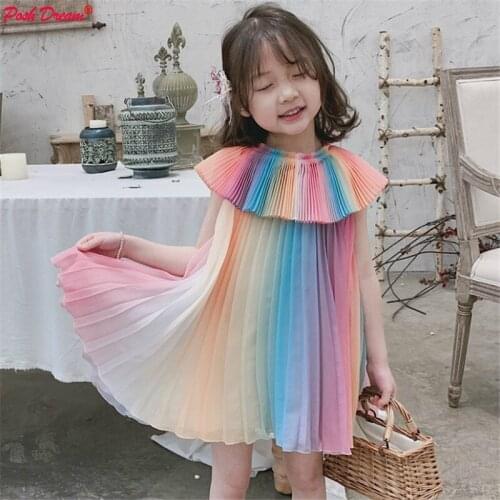 POSH DREAM Rainbow Children Girls Dresses Chiffon Rainbow Toddler Baby Girls Tutu Dresses 3-9 Year Birthday Party Kids Clothes