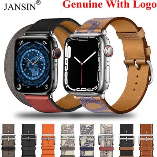 100% Genuine Leather with Logo Band For Apple Watch 42mm 38mm Bracelet Leather loop For iWatch 40mm 44mm SE 6 5 4 3 2 1 Strap