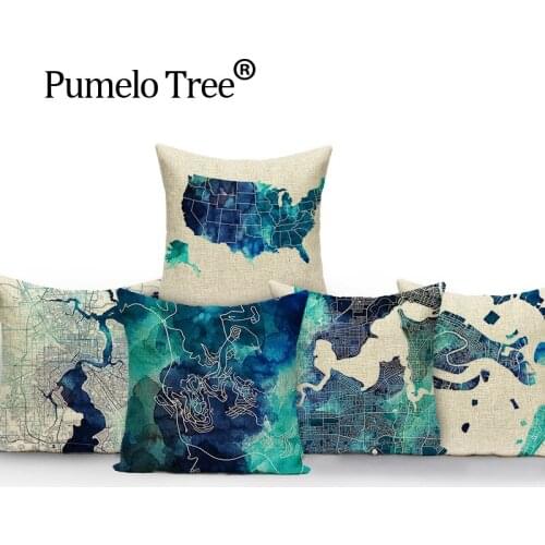 Nordic Map Ocean Pillow Cover Blue Car Seat Cover 2018 New Cushion Cover Marine Decorative Cushion Covers Custom Throw Pillows