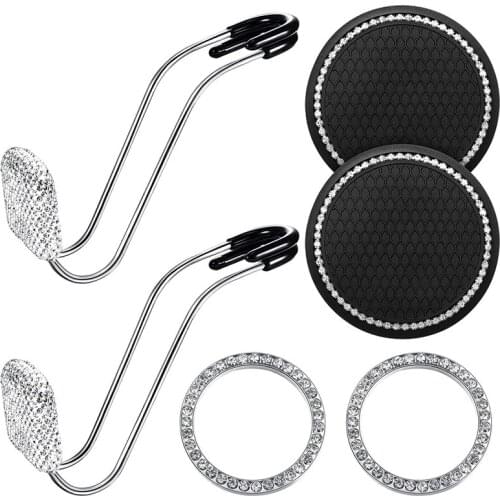 Rhinestone Car Hook 2Pcs Bling Cup Coasters 2Pcs Bling Engine Button Rings Bling Car Accessories for Women Men