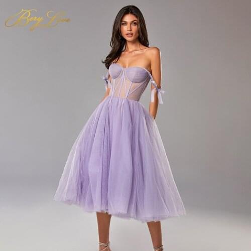 A Line Bow Shoulder Sweetheart Evening Dresses Purple Tulle Formal Dresses Short Backless Prom Dress Elegant vestidos de noite