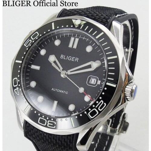 Whloe Black Super Luminous Automatic Mens Watch With Date Window 41mm Wristwatch Rubber Strap
