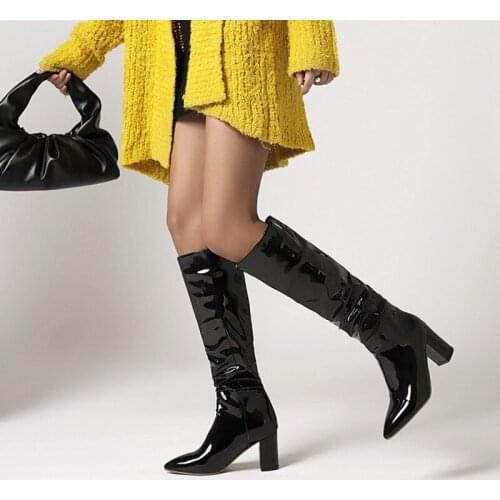 Women Pointed Toe Pleated European Style Autumn Winter Boots 2021 Cowboy Western Knee High Boots Thick High Heels Shoes Woman