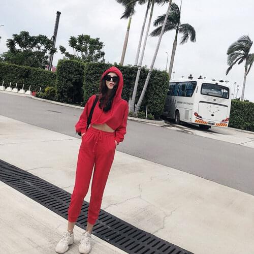 2021 Spring Autumn New Women 2 Pcs Set Korean Fashion Long Sleeve Loose Short Hooded Sweater + Lace-up Pant Two-piece Suit