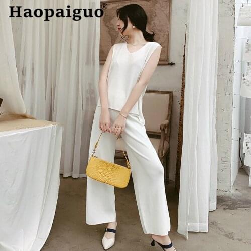 Elegant 2019 Summer Loose Casual Two Piece Set Sleeveless Knitted Blouse and Long High Waist Wide Leg Pant Women 2 Piece Set