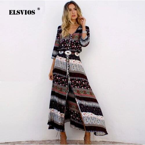 ELSVIOS 11 Colors New Women Maxi Dress Floral Print beach dress summer Bohemian V-neck Three Quarter Sleeve Split Long Dress 5XL
