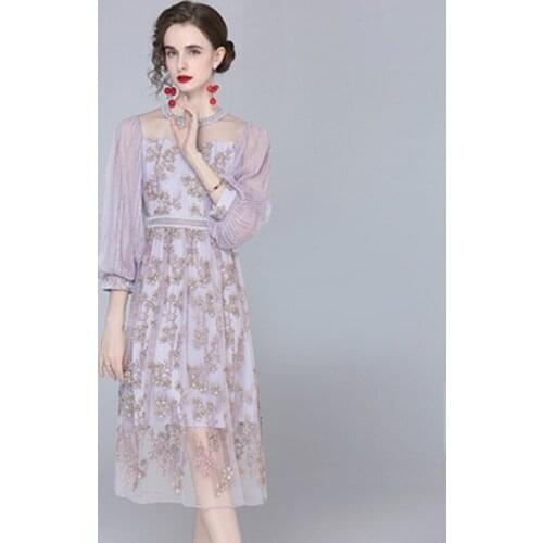 Temperament Summer Women Lantern Sleeve Mesh Dress Elegant O Neck High-End Embroidery Tulle Designer Party Dress Vestidos