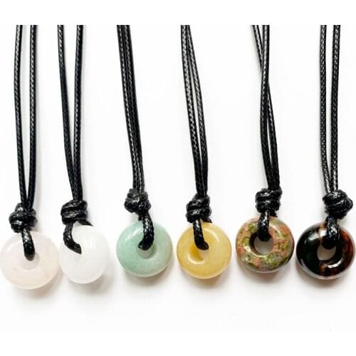 Natural Stones Pendant Jewelry Round Crystal Necklace Circle Stone Lucky Necklace Women Men Chain Wax Rope Neck Jewelry 1pc