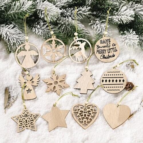 12pcs/box Christmas Wooden Pendants Xmas Tree Hanging Ornaments DIY Wood Crafts for Home Christmas Party New Year Decorations