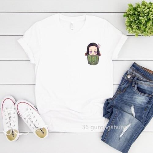 2021 Pocket Demon Slayer T Shirt аниме Anime Clothes Kawaii Cartoon Print Tee Short Sleeve T-Shirts Women Clothes Harajuku