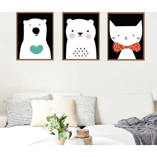 Nordic Cute Polar Bear Kitten Canvas Painting Modern Cartoon Triptych Posters Bedroom Childrens Room Kindergarten Decor Picture