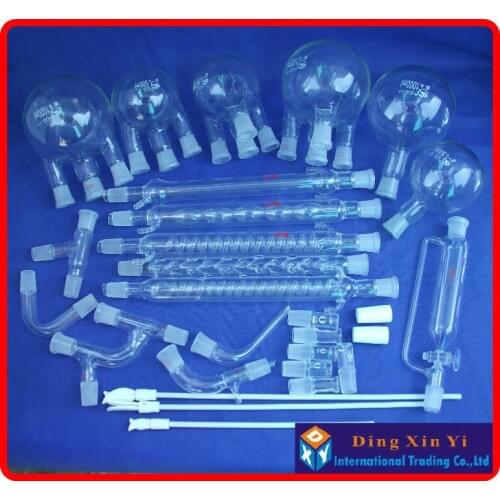 28 pcs Boro 3.3 Glass chemistry Laboratory glassware kit, vacuum distillation unit,flask+condenser pipe+PTFE Stirrer and so on